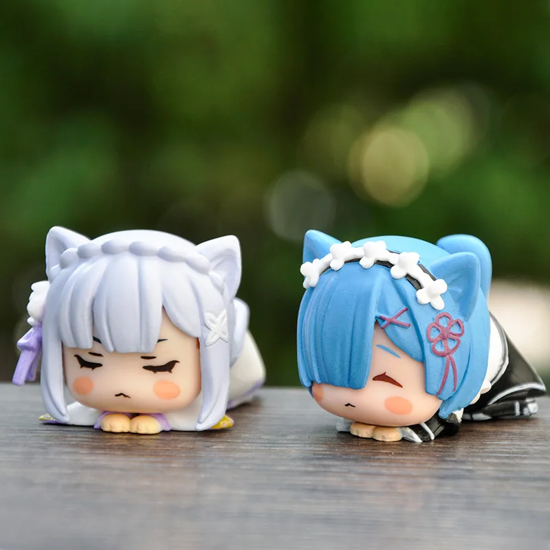 New 4pcs Re Life In A Different World From Zero Anime Action Figures Rem Ram Emilia Echidna 4 Models Cute Cat Lying Dolls