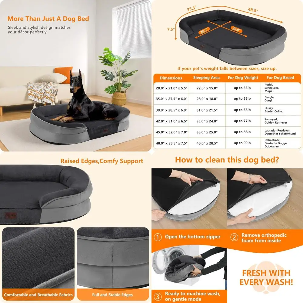 

Очень большая лежанка для собак из гелевой пены с эффектом памяти, водонепроницаемый диван с подушкой-валиком, моющийся и нескользящий, 48, темно-серый
