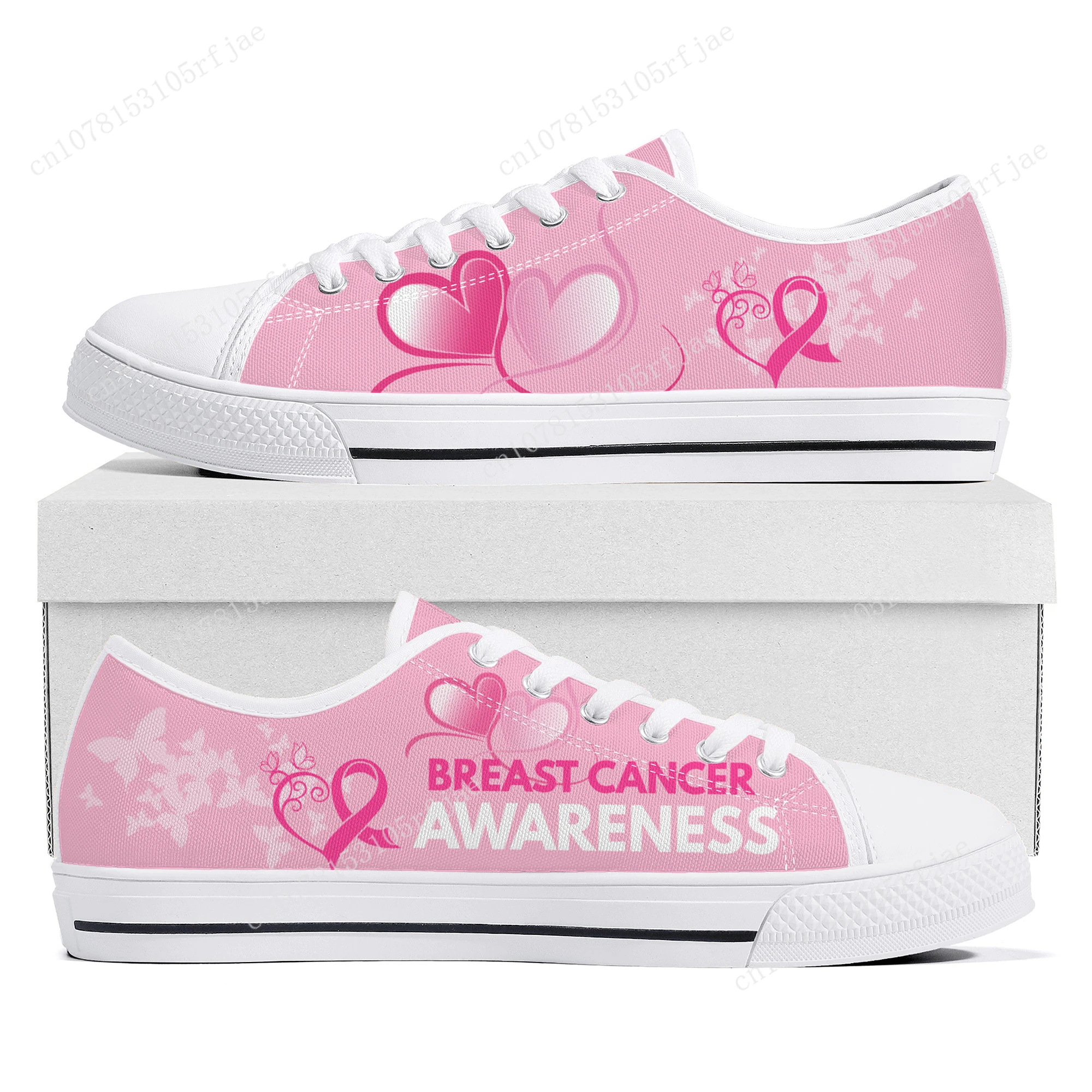 Breast Cancer Awareness Pink Ribbon Design Low Top Sneakers Womens Mens High Quality Canvas Sneaker Couple Custom Built Shoes