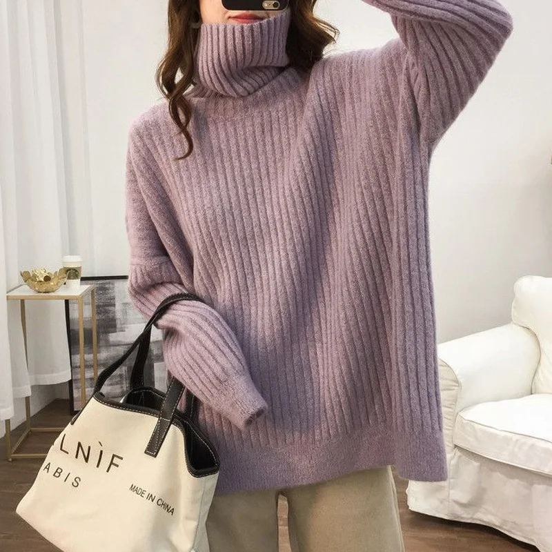 Autumn Winter New Solid Color Fashion Long Sleeve Sweater Women High Street Casual Loose Thicken Pullovers Elegant Warm Tops