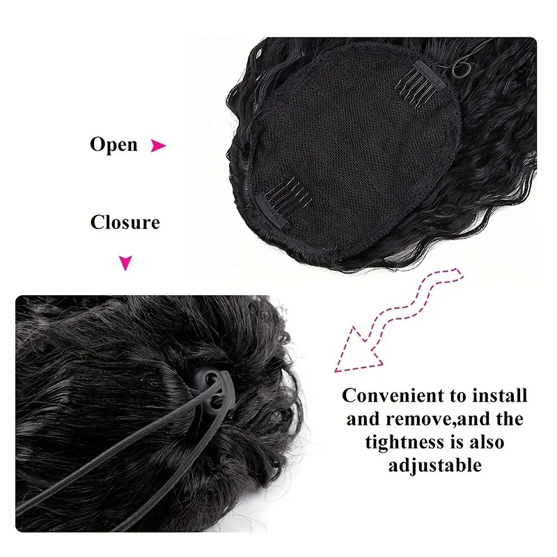 여성용 탄성 물결 드로스트링 포니테일 30인치 리얼 인모 붙임머리, 자연스러운 볼륨과 스타일을 위한 조절 가능한 스트랩 포함