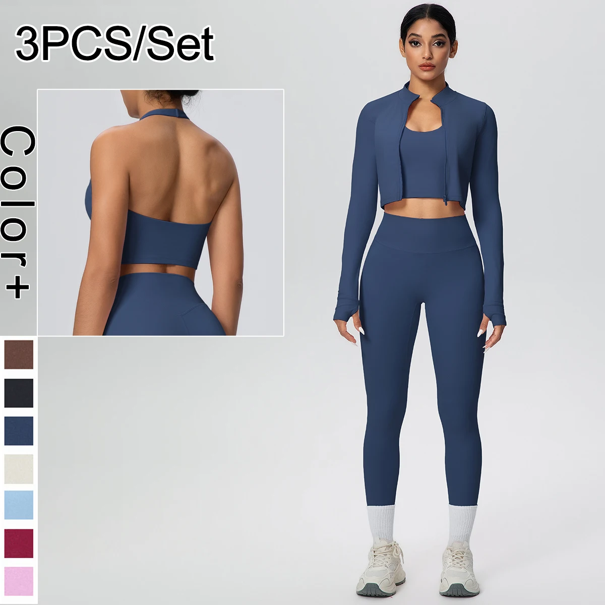 

Quick Drying Outdoor Running Yoga Set for Women High Waisted Legging Fitness Pants Sexy Backless Halter Bra Slim Zipper Jacket