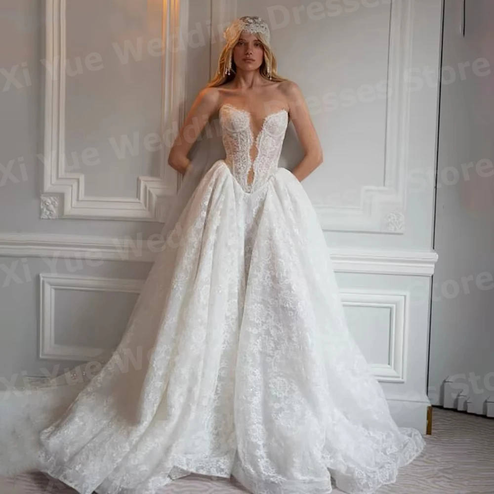 Magnifique gracieux une ligne femmes charmante dentelle sans manches robes De mariée Robe De Novia robes De mariée Robe De Mariée personnalisée