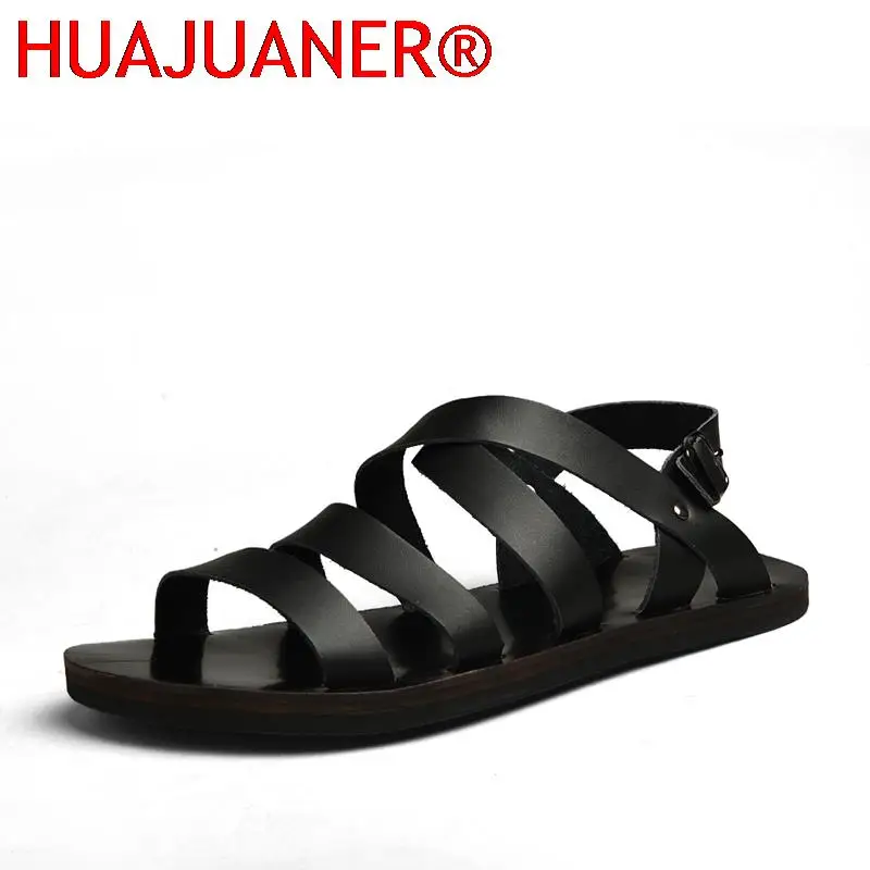 

Genuine Leather Men's Sandals Flat Open Toe Rome Style Mens Sandalias 2024 New Summer Breathable Beach Gladiator Sandals For Men