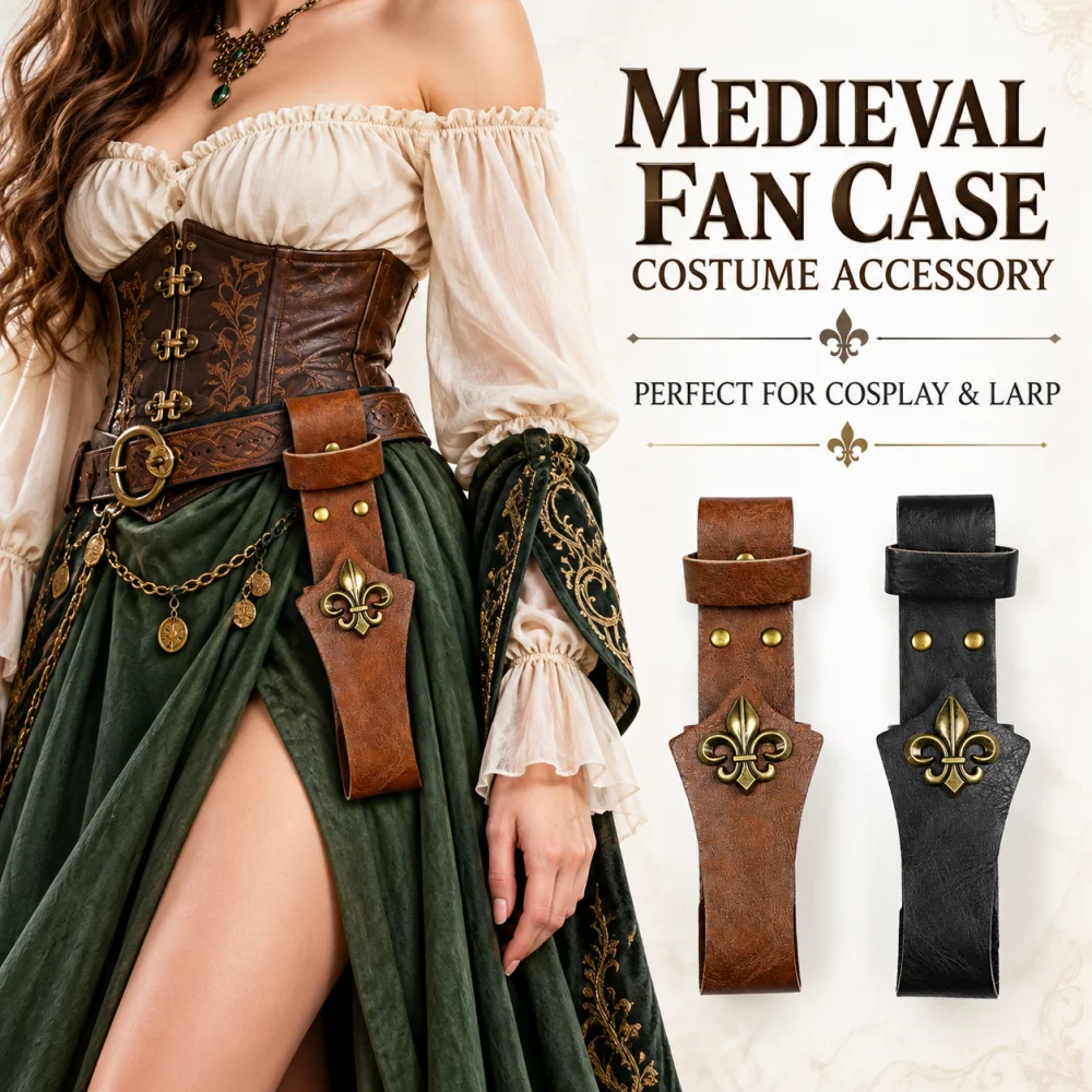 Halloween Medieval Fleur-de-lis Fan Case PU Leather Waist Fan Holder Cosplay LARP Costume Prop