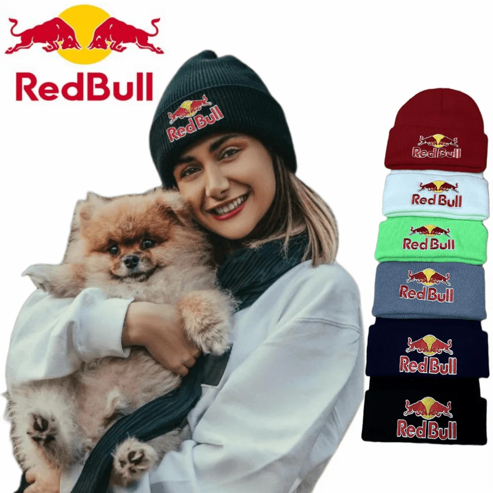 Men's and Women's Fashion Red Bull Beanie Hat Winter Warm Knitted Hat Street Unique Fashion Embroidered Red Bull Sports Hat