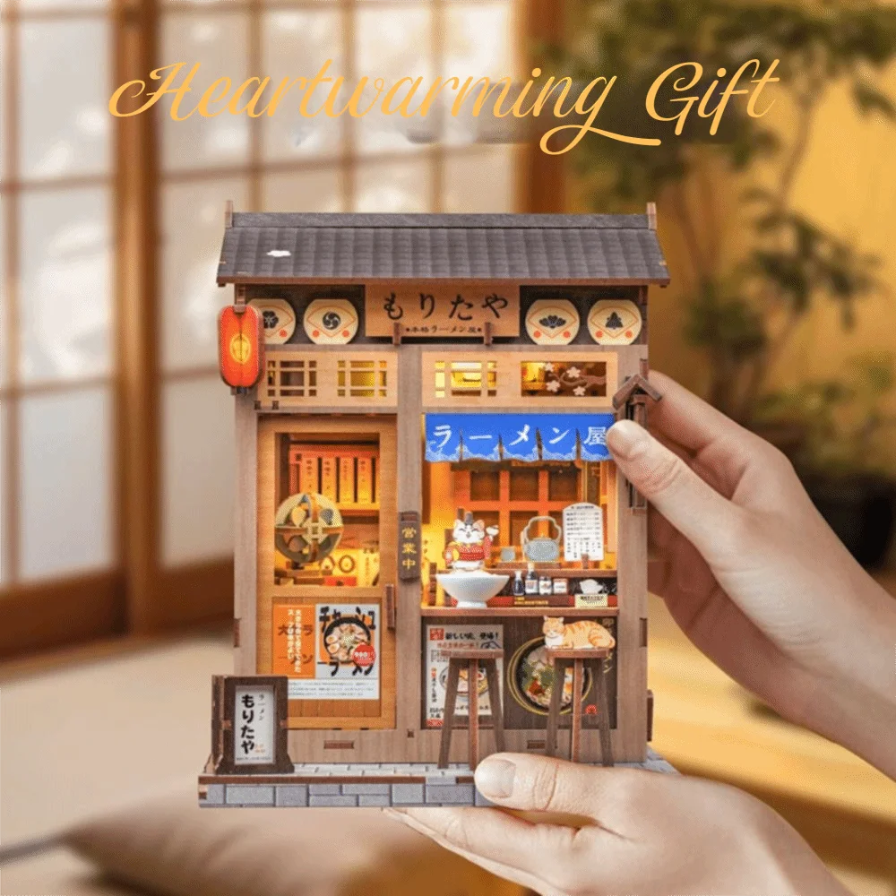 Crianças brinquedos de madeira diy casa de boneca brinquedo decoração cidade andando série 3d ramen restaurante kit casa modelo brinquedo presentes aniversário