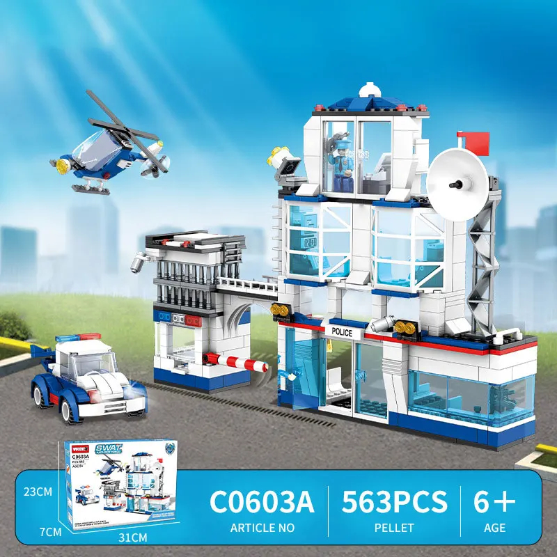 

City police station building block group boys DIY car bricks police station command center building children's education toys