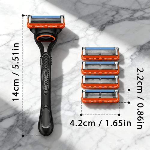 Imagen 2 del producto Maquinilla de afeitar de seguridad manual de 5 hojas para hombre con 6 capas de cuchillas de acero inoxidable Con mango ergonómico de metal Incluye 4-24 cabezales