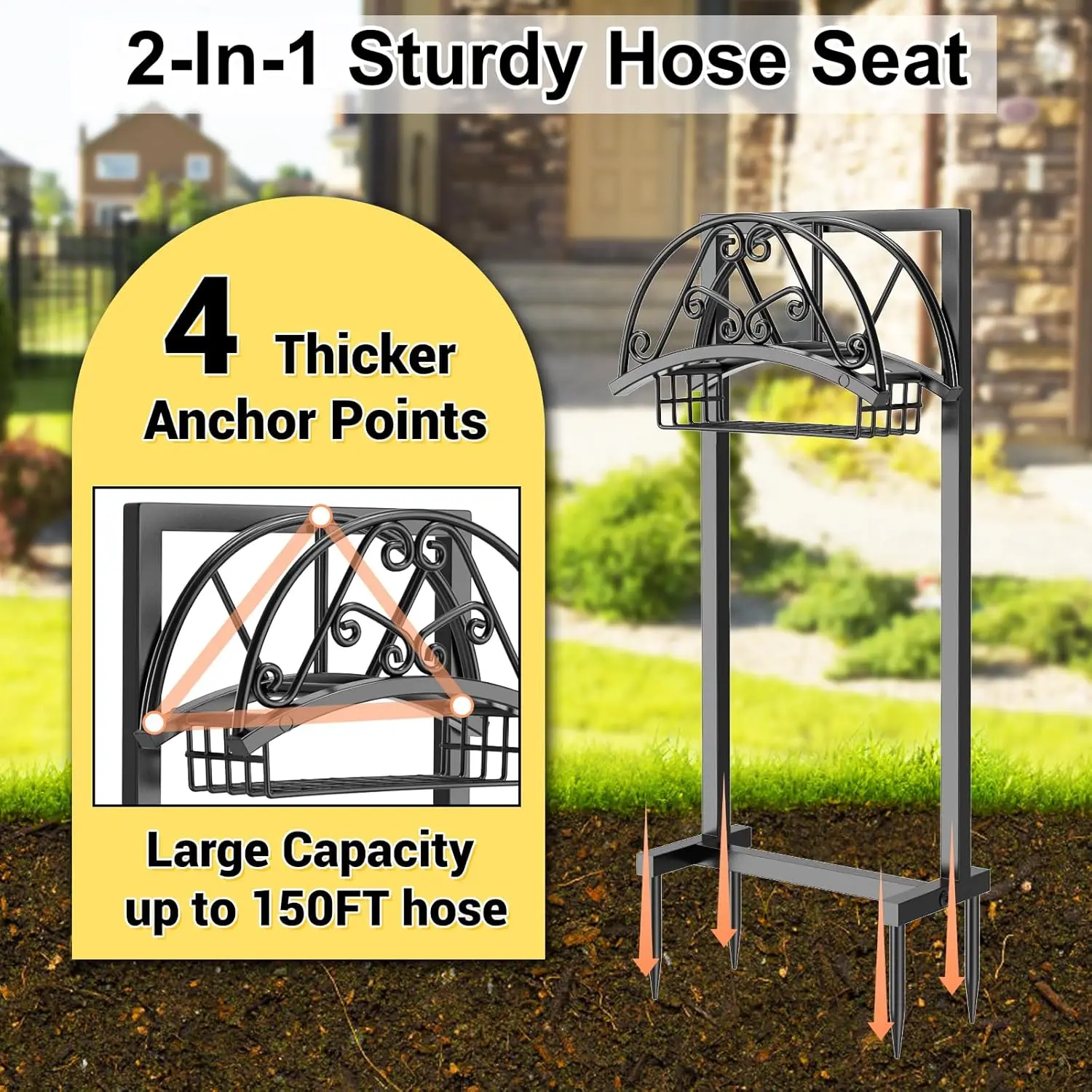 Suporte de mangueira de jardim resistente com cesta de armazenamento, suporte autônomo contém mangueira de 150 pés para quintal de gramado