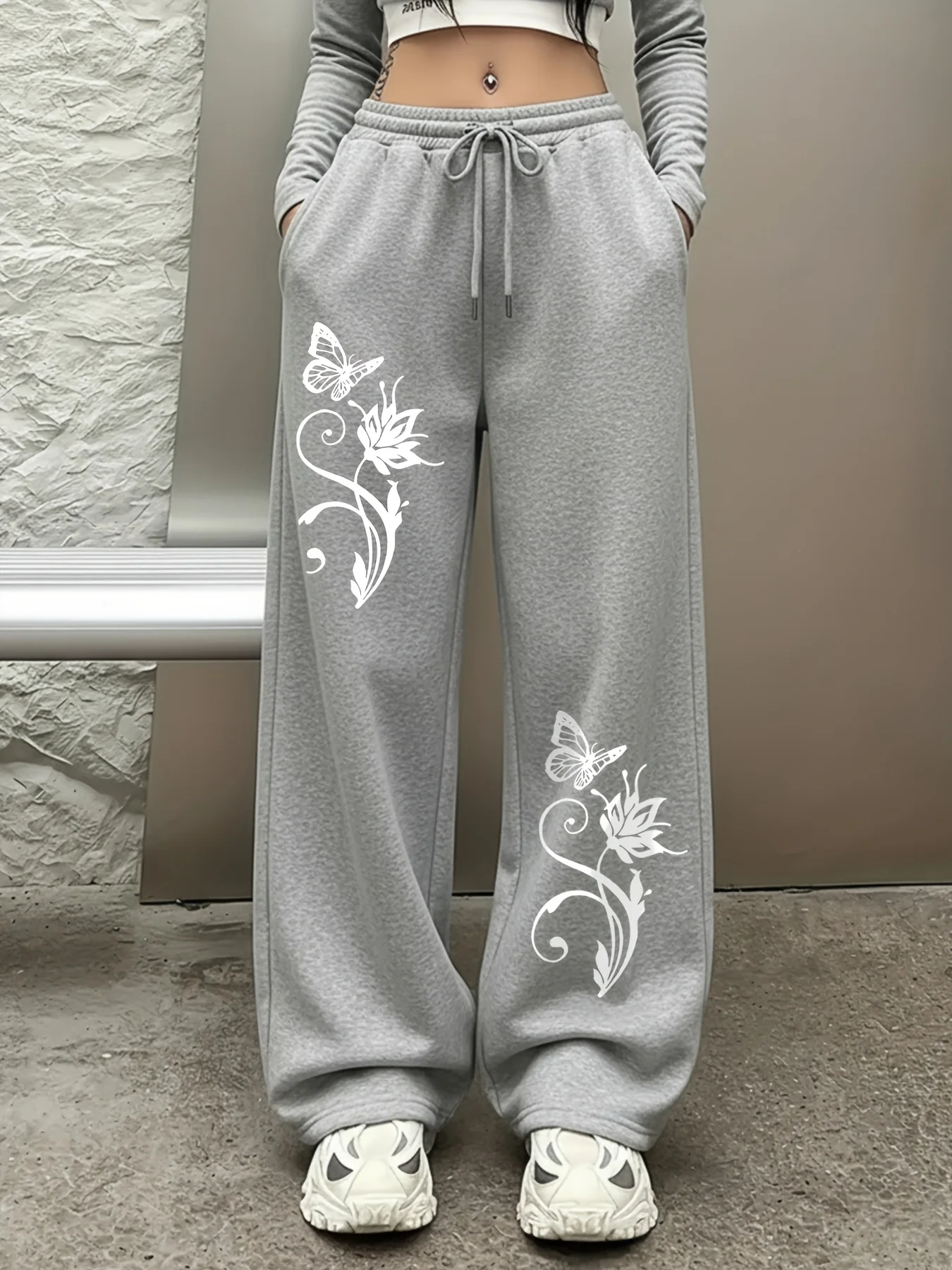 Butterfly Floral Pattern Print, Casual and Sporty Women's Wide Leg Straight Leg Pants
