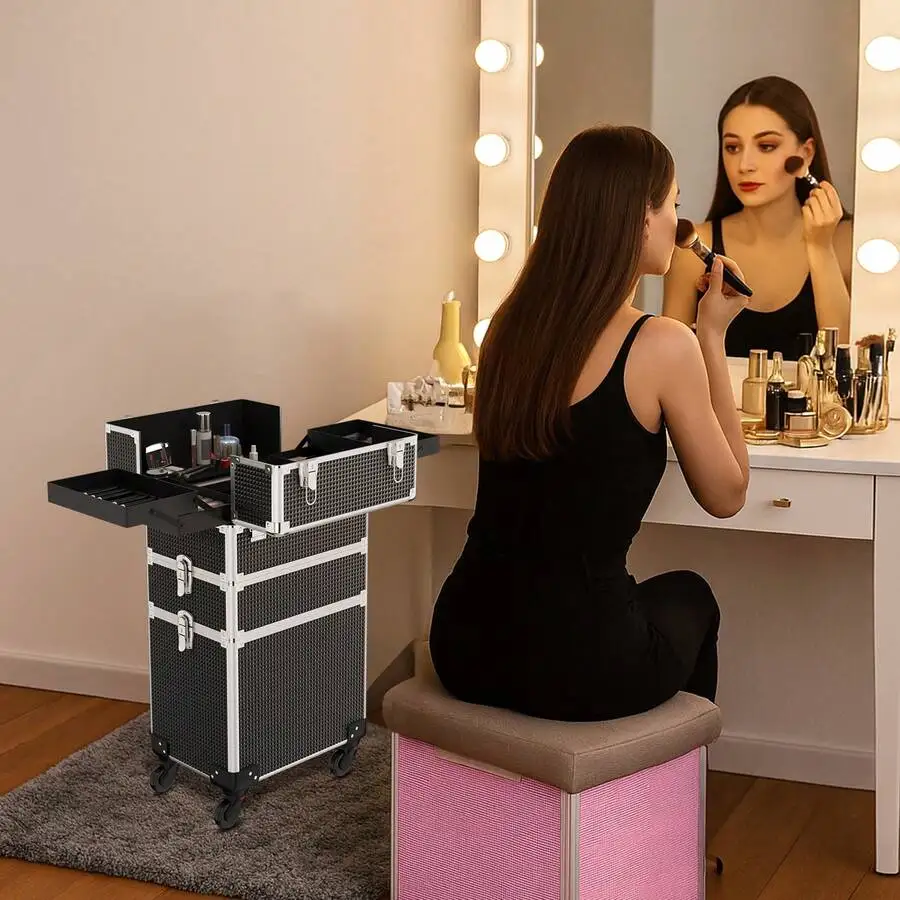 Rolling Makeup Train Case 4in1 Cosmetic Trolley Organizer Travel Lockable Salon Barber Cart Trunk With Wheels For Women Hairstyl