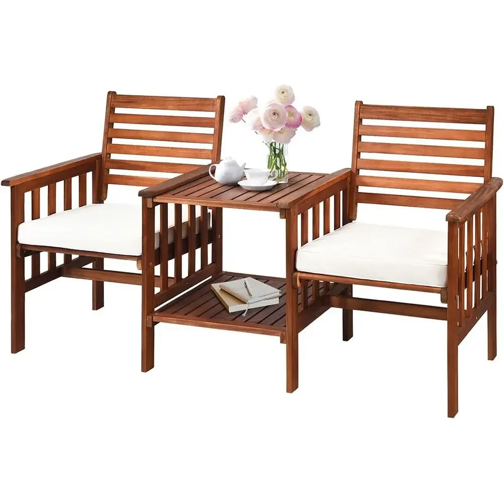 

2-Seater Acacia Wood Outdoor Loveseat with Table and Cushions, Ideal for Patio, Balcony, Backyard, Deck, White