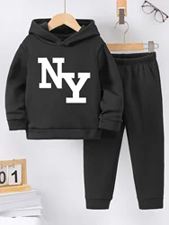 2set Fall/Winter new casual comfort sports style warm boy's letter printed warm lining hoodie and tracksuit pants
