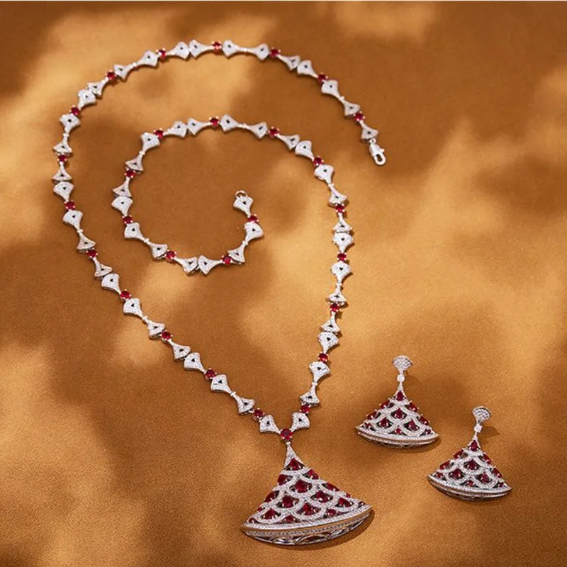 Designer Collection Fashion Long Necklace Earrings Sweater Chain Inlay Red Cubic Zircon Fanned Pendant Party Jewelry Sets