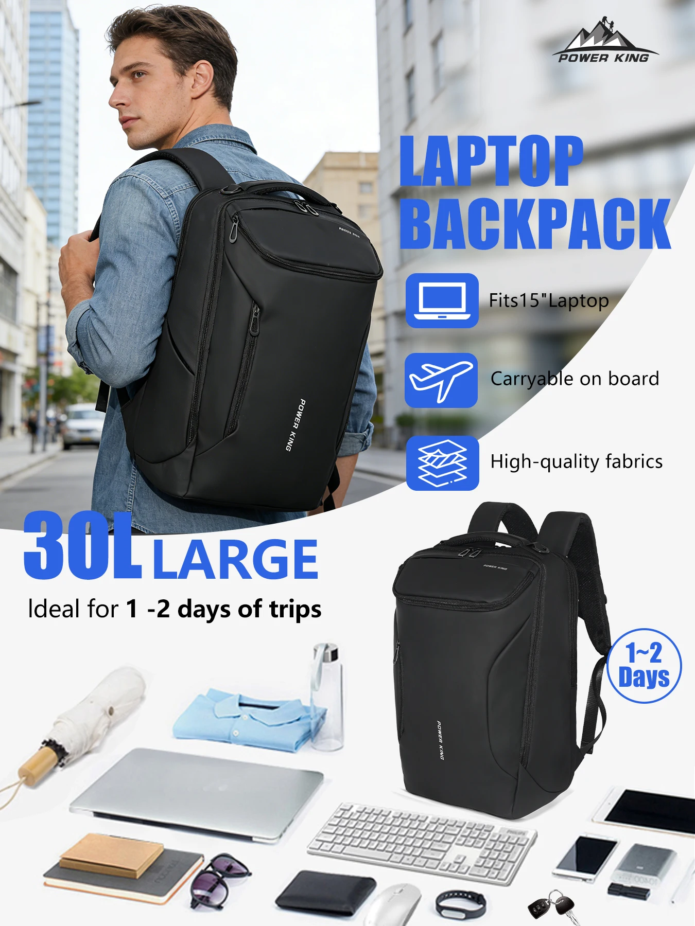 Klassischer Freizeitrucksack 18 Zoll Rucksack 15 Zoll Laptop-Tasche Verfügbar Individuelles Laptop-Fach Glattes Gewebe Pendeln Reisen – Detail 1
