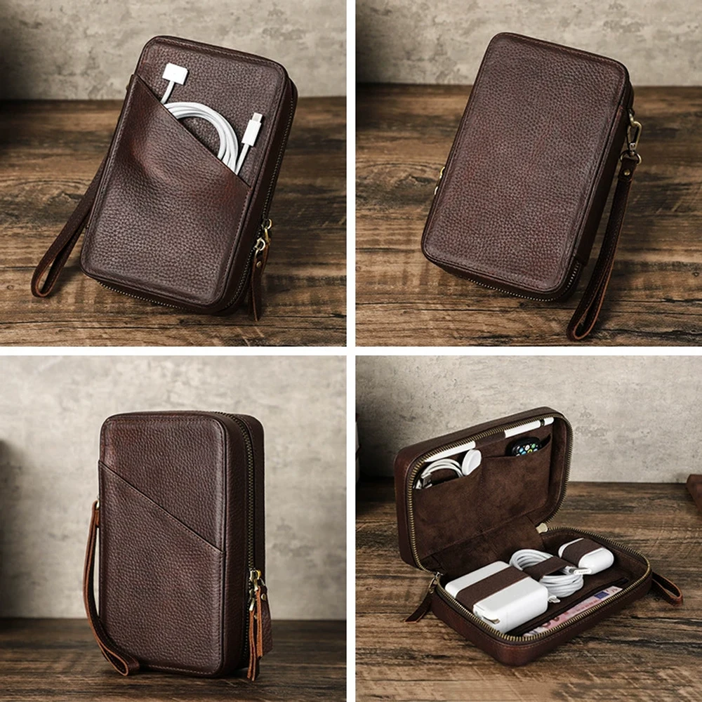 Portable Shockproof Leather Storage Box for Apple Data Cable Capacitive Pen Handmade Zipper Pouch for Small Phone Accessories