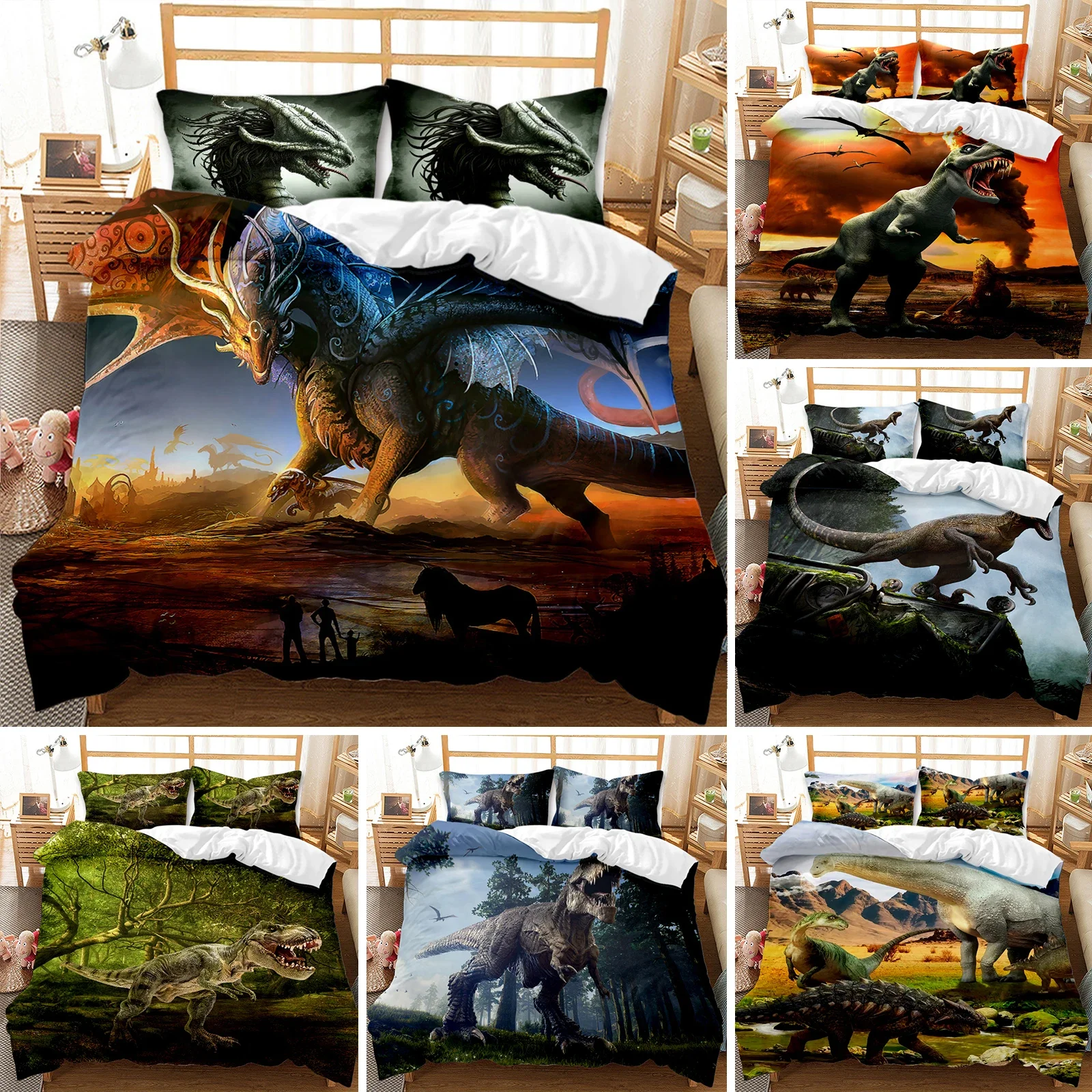 

Dinosaur Bedding Set Jurassic Age Tyrannosaurus Rex Duvet Cover Set Kids Boys Queen King Full Twin White Polyester Quilt Cover