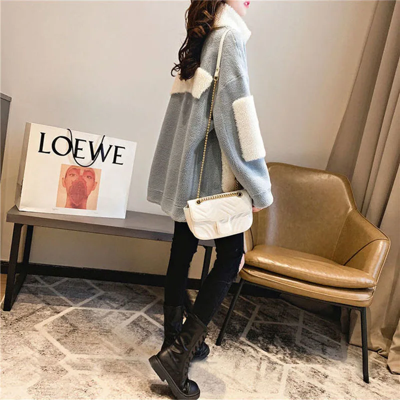 Biyaby Winter Warm Lapel Plus Velvet Coat Woman Casual Patchwork Loose Plush Sweatshirt Women All-Match Zipper Sports Outwear