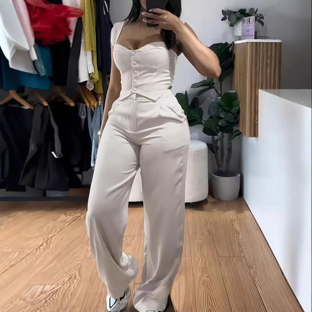 

Apricot High Waist Wide Leg Women's Casual Trousers Sling Short Tight Vest Suit New Hot Sale Fashion Set