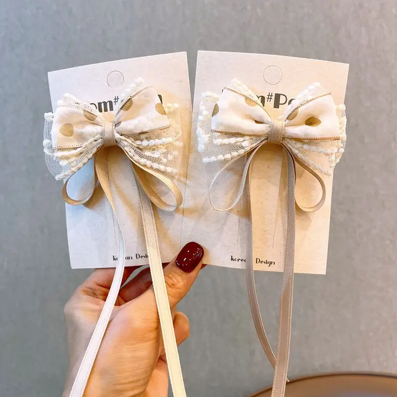 2-teiliges Damen-Haarspangen-Set, gepunktetes Garn, Spitze, Schleife, Band, niedlich, Kawaii, süße Haarnadeln, modische Haar-Accessoires für Kinder