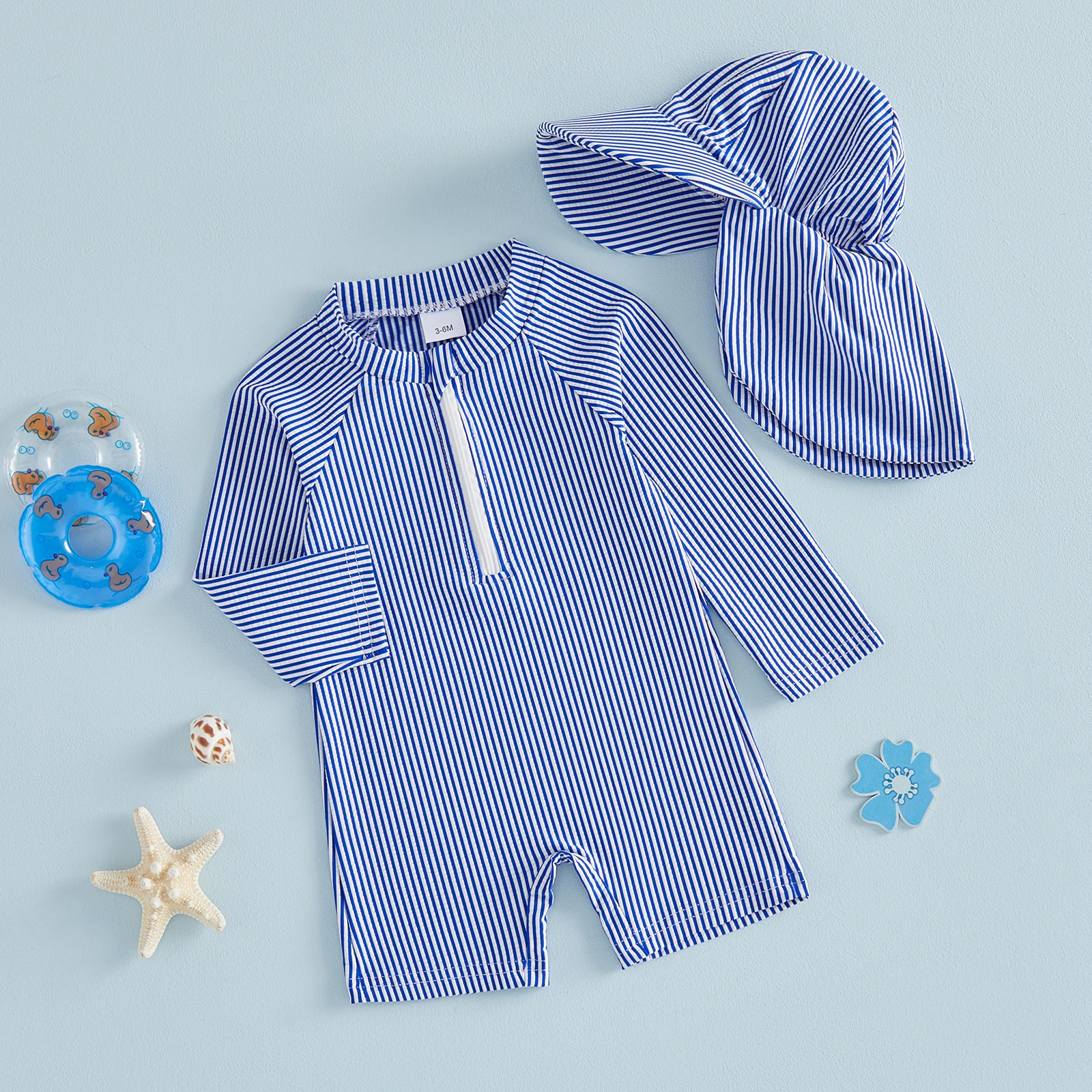 Summer Baby Boys Rompers Swimsuit Long sleeve Stripes Rash Guard Jumpsuit with Hat Swimwear Beachwear