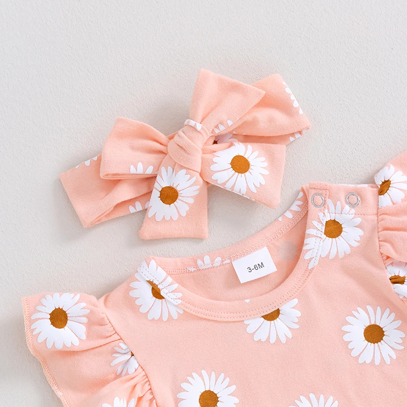 

Daisy Baby Clothes Girl Ruffle Sleeve Romper Elastic Shorts Headband Set Infant Summer Outfits