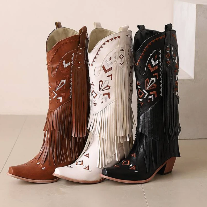 2024 European and American Fashion Thick Heel Tassel Sleeve Boots Women\'s Western Embroidered Denim Knee Length Boots