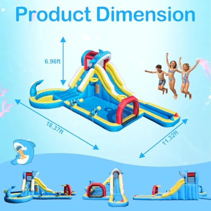Inflatable Water Slide for 3-12: PVC, Blue/White, Quick-Inflate with 480W Blower, 9-in-1 Shark-Themed Backyard Water Park with