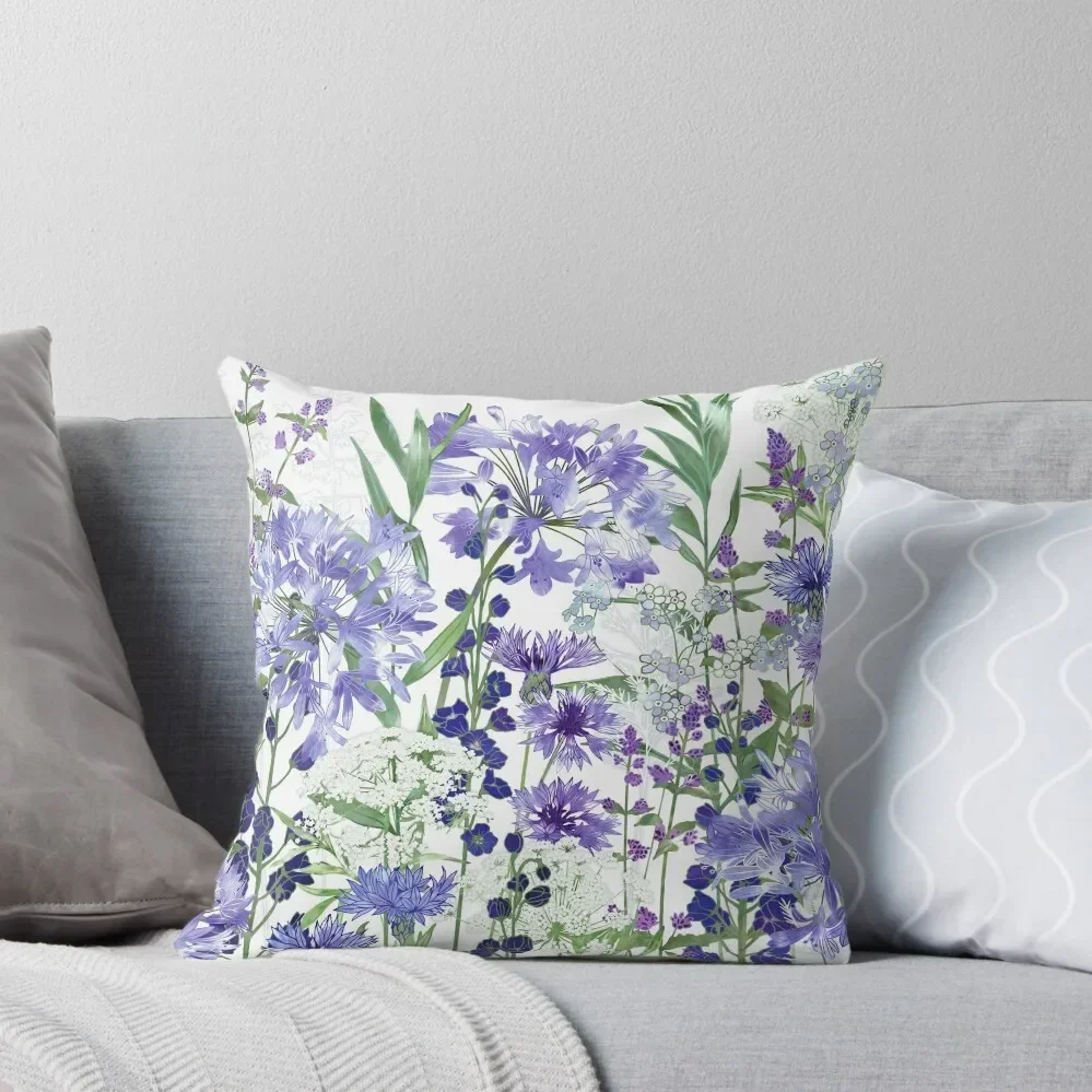 Blue Flower Garden - Agapanthus, Delphiniums, Cornflowers, Catmint, Forget-Me-Nots Throw Pillow Cushion Cover For Sofa pillow