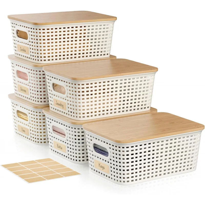 

Small 5 Quart Plastic Bin Bamboo Lid, Stackable Decorative Storage Basket Box Containers with Label for Organizing