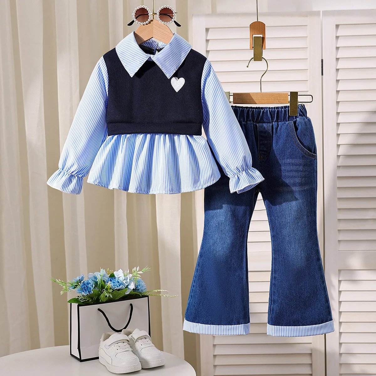 2026 Spring Autumn Winter 2-7Years Kids Suit Baby Girls Turn-down Collar Splice Top+Cowboy Bell-bottom Trousers Two-piece Suit