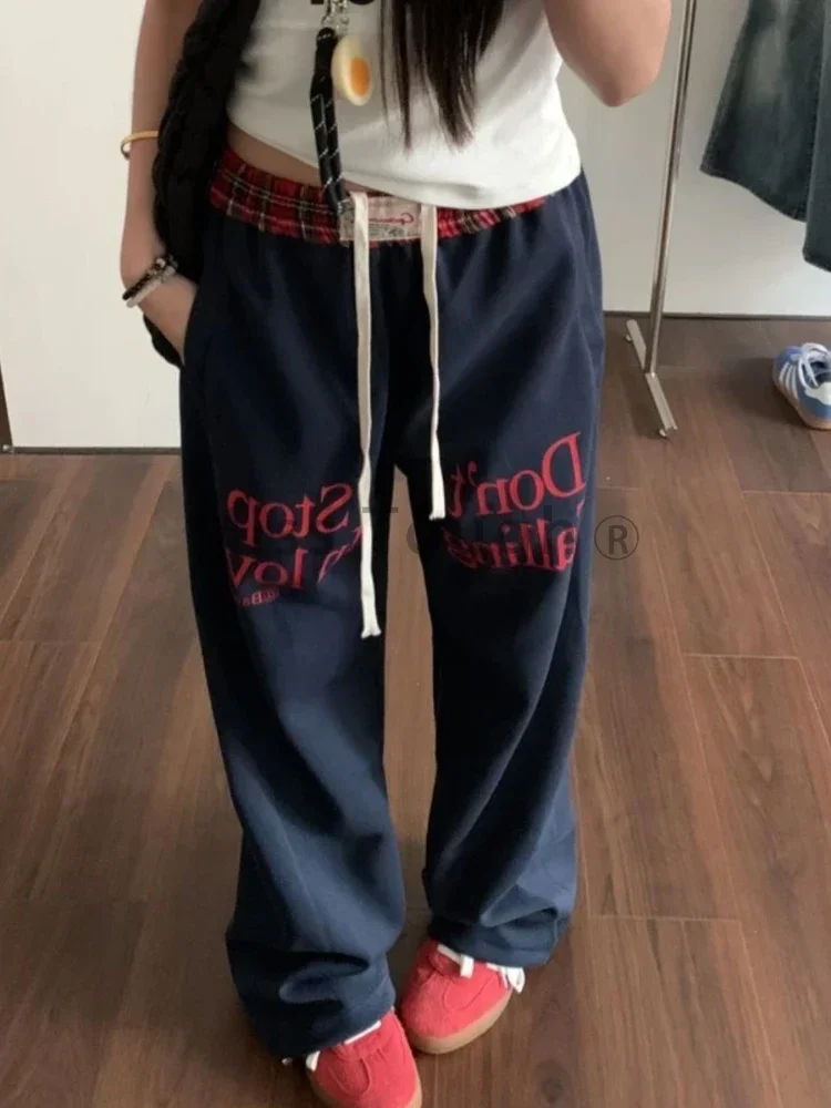 Harajuku Vintage Sweatpants Baggy Women Korea Preppy Style Retro Trousers Streetwear Y2k Letter Printed Wide Leg Patchwork Pants