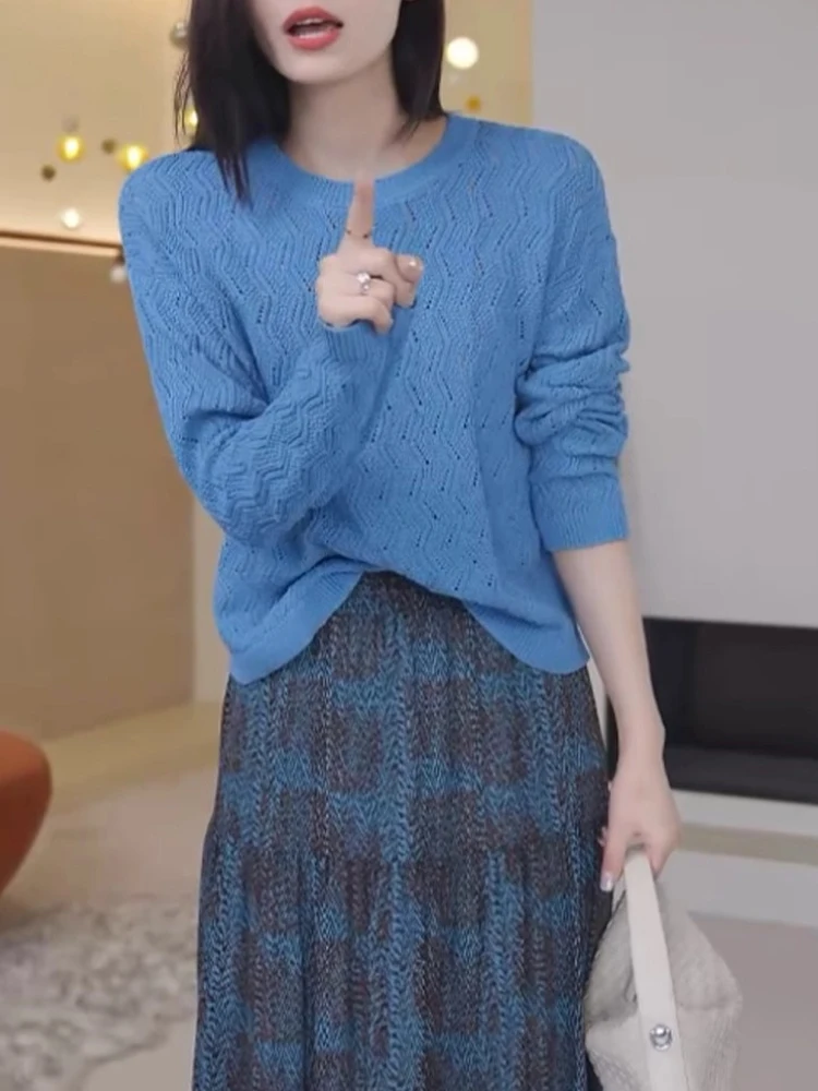 بلوزة نسائية بياقة مستديرة من الصوف بأكمام طويلة وتصميم نحيف لربيع 2024 بأسلوب كوري عصري #2