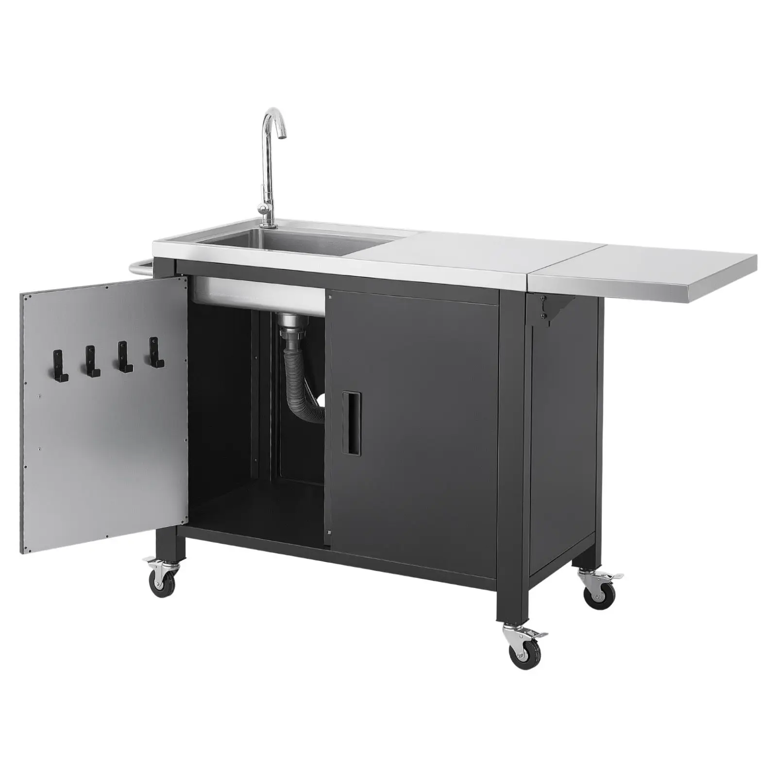 Outdoor Grill Cart with Sink and Storage Cabinet, 52 Inch Grill Table, Waterproof Kitchen Island with Stainless Steel Top, Spice Rack, Wheel, Movable Food Prep Station for Patio Bar Backyard BBQ