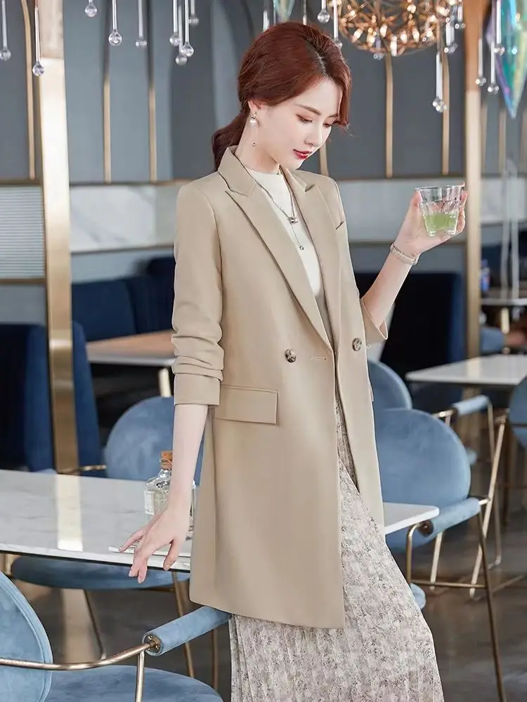 Long Blazers Women Double Breasted Solid England Style Spring Autumn Temper Suit Coats New Fashion Loose Official Feminine Chic