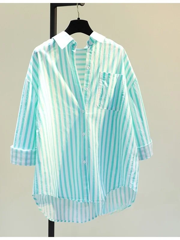 

Women's Cotton Linen Striped irt Spring Autumn Loose Casual Breathable Sun Protection Single ket Button up irt