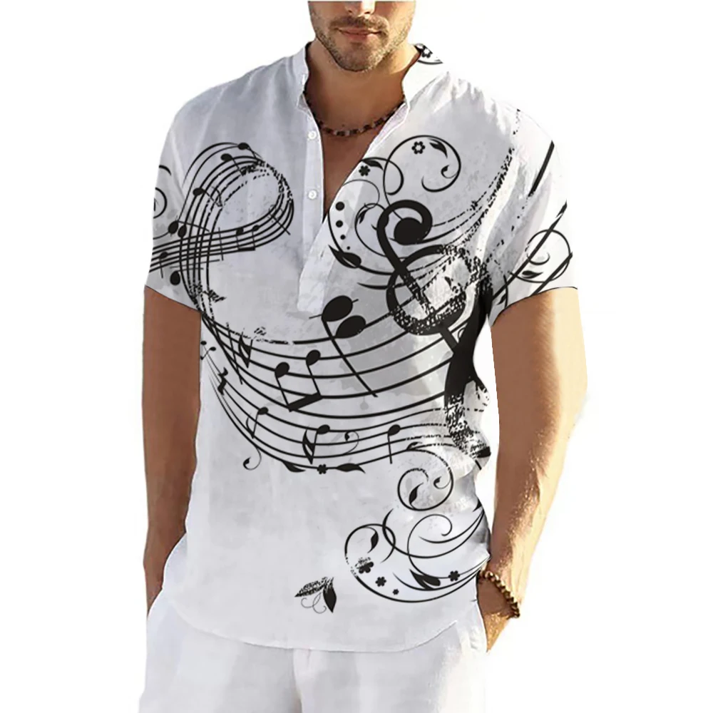 Men Music Shirts Casual Short Sleeve Tops Stand Collar Oversized Clothing Fashion Designer Apparel Summer For Male Henley Shirt