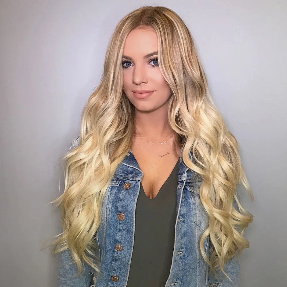 

Ladies Synthetic Wig European and American Style Golden Long Wavy Hair Ladies Half-part Wig with Natural Volume for Daily Wear