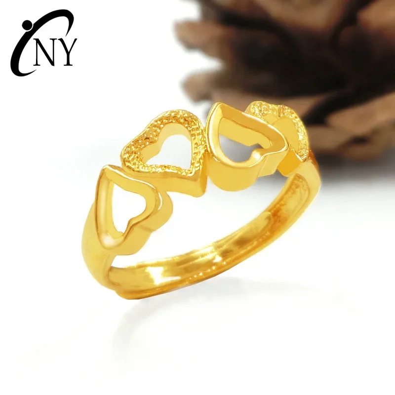 9999 Real Gold 24K Yellow Jewelry Gold Ring Women's Hollow Love Heart to Heart Live Opening Women's Ring Four Hearts Ring