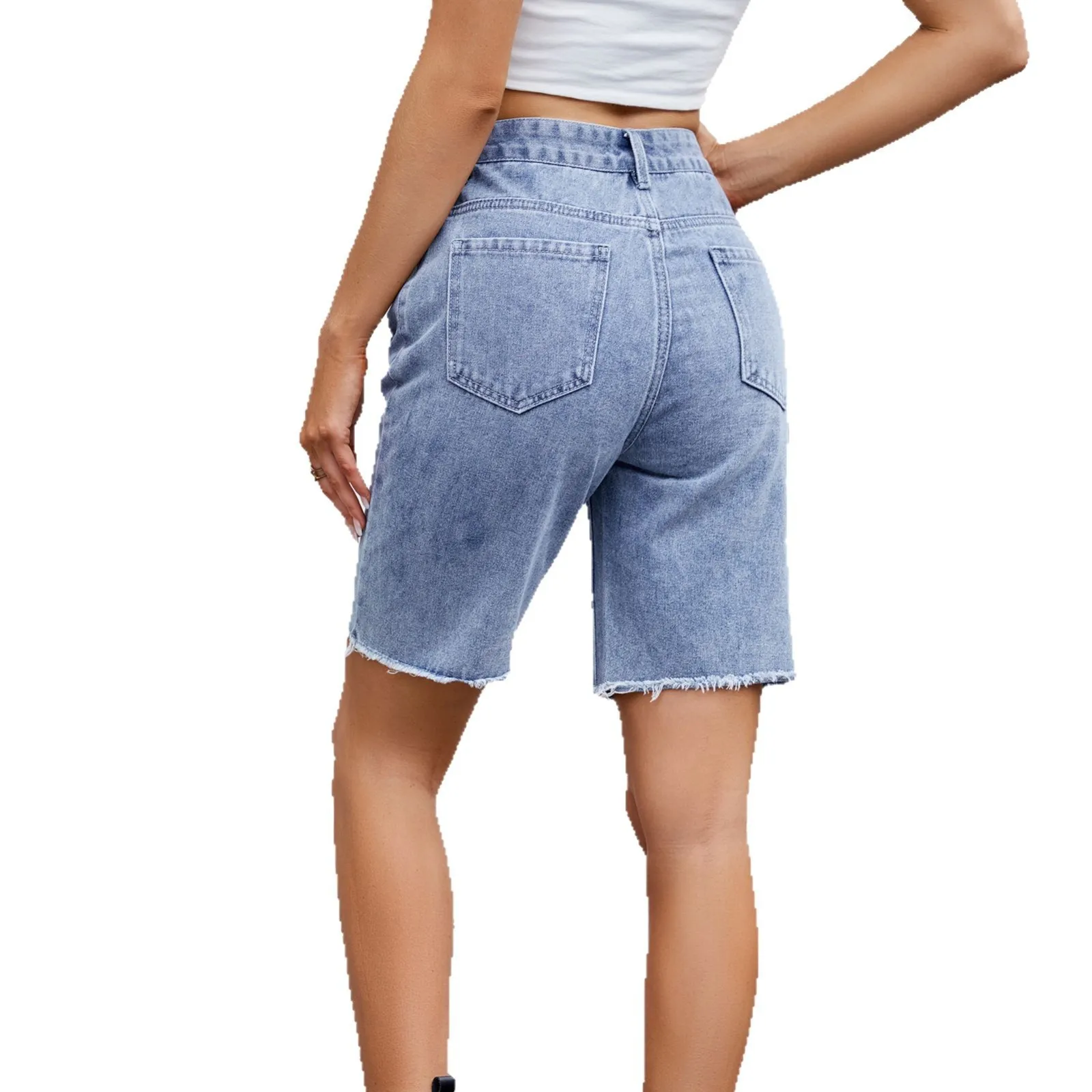 Irregularly Waisted Women's Denim Shorts. Spring and Summer New Fashion Solid-color Casual Loose Straight-leg Mid-length Jeans view 5