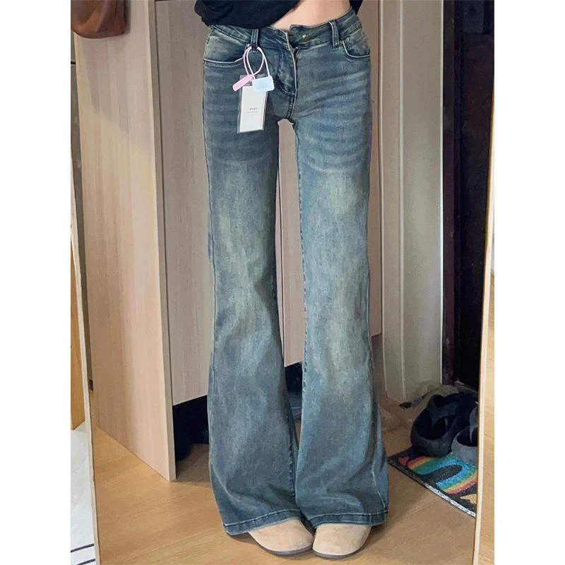 

Women High Waist Blue Thin Flared Jeans Pants Female Korean Straight Leg Denim Trousers Lady Comfortable Daily Pants
