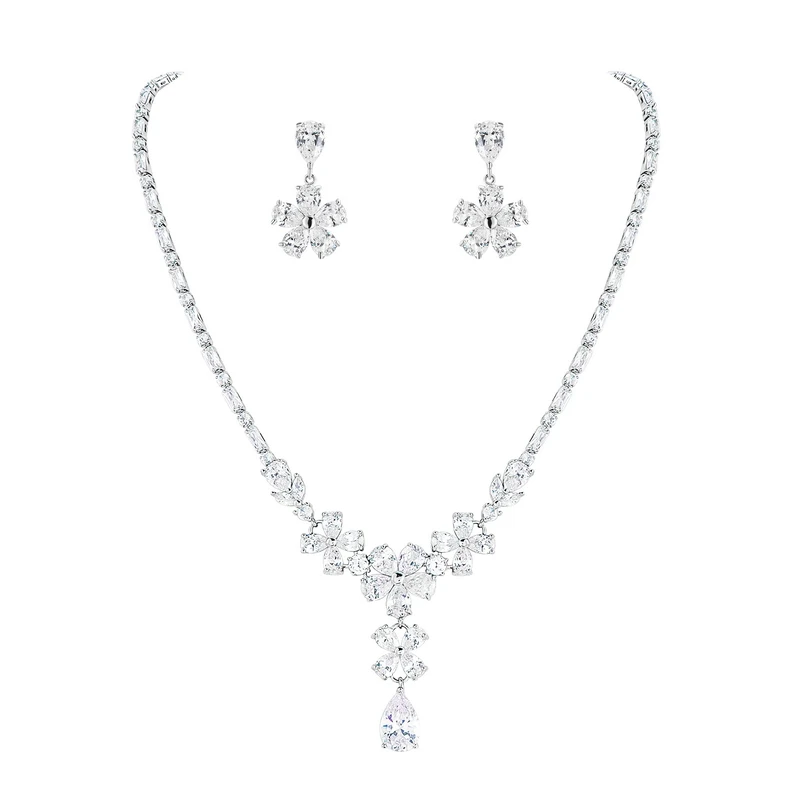 WEIMANJINGDIAN Brand New Arrival Rhodium Silver Plated Flowers Cubic Zirconia Crystal Wedding Bridal Jewelry Set