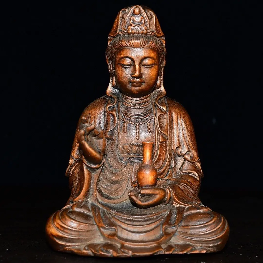Hand Carved Wood Sitting watering guan yin buddha Statue Figurine Desktop Ornaments Home Decoration