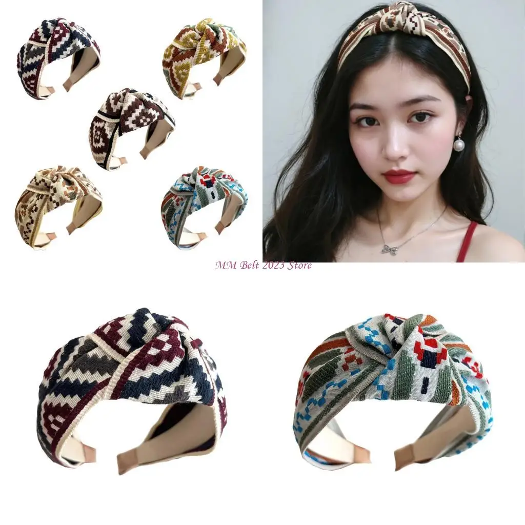 

49ME Elastic Wide Band Embroidered Hairbands Breathable Fabric Bohemian Headpiece Hair Accessories For Women Casual Or Prom
