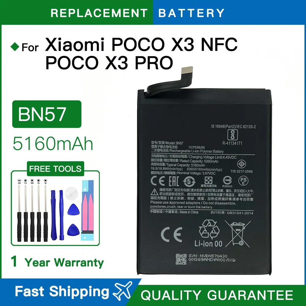 Brandneuer Akku 3,8 V, 5160 mAh, BN57 für Xiaomi Poco X3/Poco X3 Pro, Ersatz-Handy-Akku, schneller Versand + kostenlose Tools