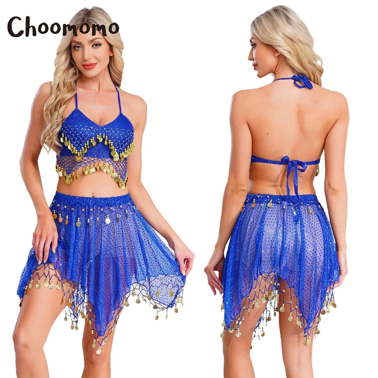 

Womens Belly Dance Outfits Tassel Sequined Crop Top with Irregular Hem Skirt Outfits for Professional Dance Stage Performance