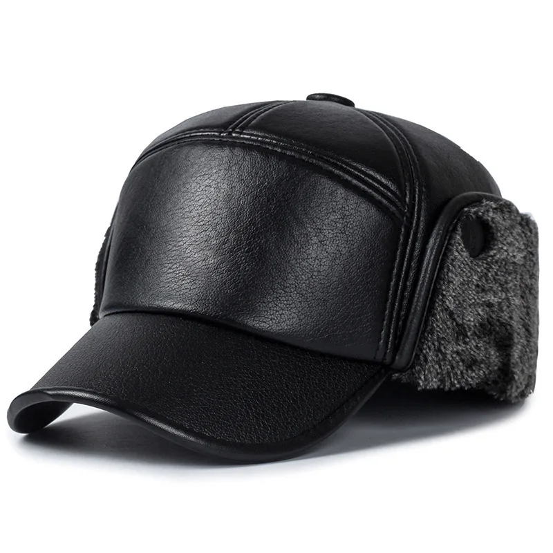 Black Leather Fur Baseball Cap For Men Winter Warm Hat Snapback Women Bones Dad Caps Gorras Earflaps Thicken Caps