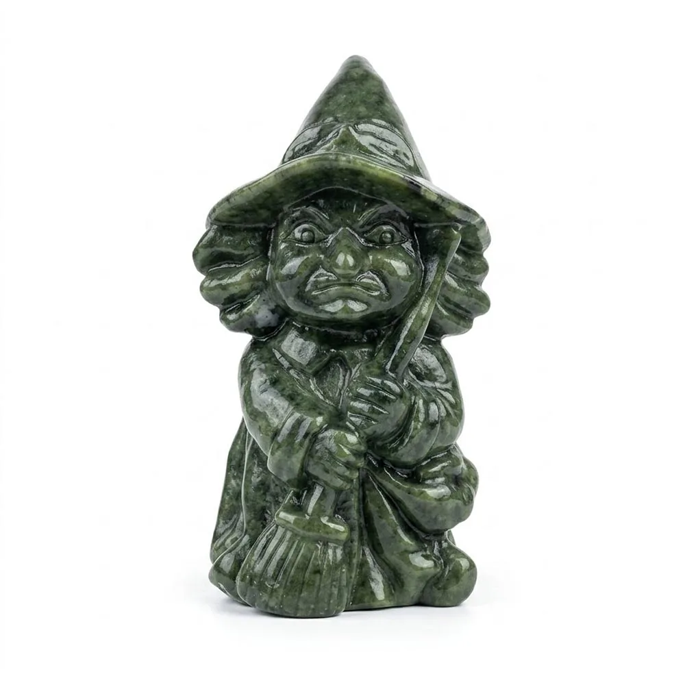 Natural Xiu Jade Witch Figurine Hand Carved Serpentine Gemstone Statue Wiccan Altar Decor Spiritual Energy Stone Ornament