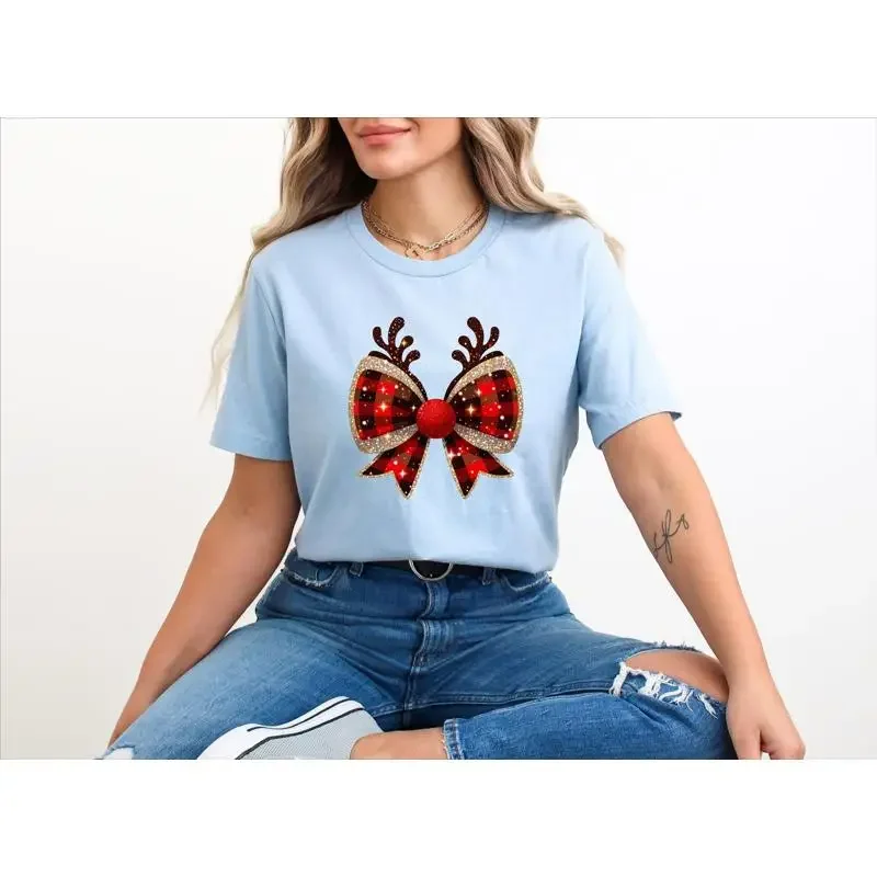 Christmas Coquette Bow T Shirt Red Glittery Season Girly New Year S